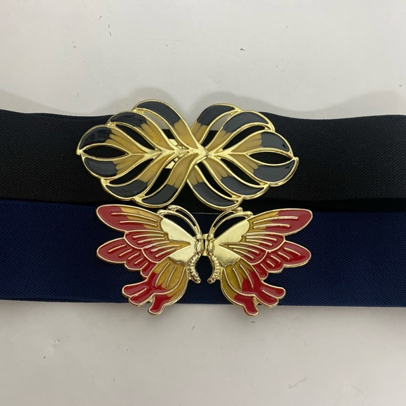 Two Vintage Elastic Belts with Gold Tone Enamel Buckle up to 30\